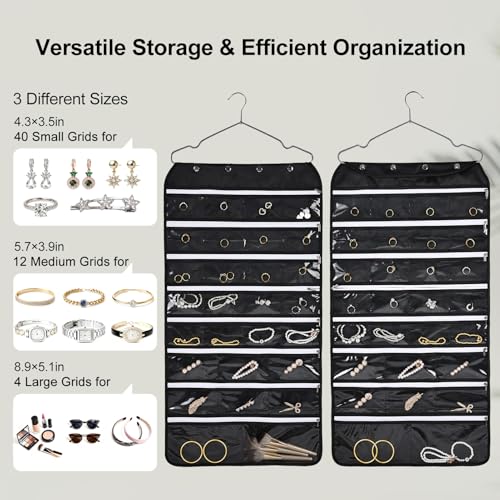 Hanging Jewelry Organizer Storage Roll 56 Zippered Pockets with Detachable Hanger Double-Sided Foldable, Travel Jewelry Holder for Earrings, Rings, Bracelets, Hanging on Closet, Wall, Door, Black - size: 56 Zippered Pockets