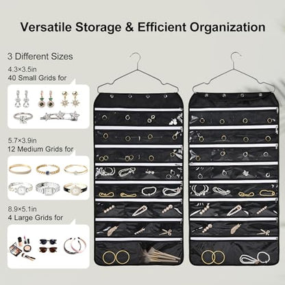 Hanging Jewelry Organizer Storage Roll 56 Zippered Pockets with Detachable Hanger Double-Sided Foldable, Travel Jewelry Holder for Earrings, Rings, Bracelets, Hanging on Closet, Wall, Door, Black - size: 56 Zippered Pockets