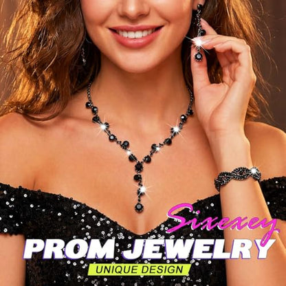 Sixexey Rhinestone Jewelry Set Bridal Necklaces Clip On Earrings Set Wedding Prom Jewelry Accessories for Women - color: Black