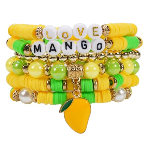 Twinfree Bohemian Cute Fruit Banana Cherry Strawberry Pineapple Mango Polymer Clay Beaded Stackable Stretch Bracelets - color: Color 4