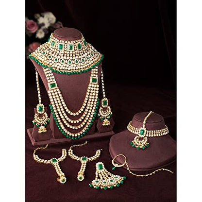 Aheli Traditional Wedding Indian Bharatanatyam jewellery set Long Choker Necklace Earrings Maang Tikka Nath Paasa Hath Phool for Women - color: Green