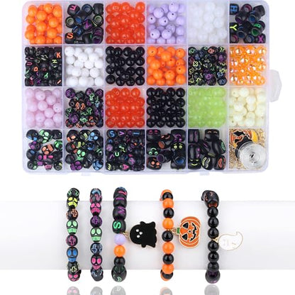 Halloween Beads for Friendship Bracelet Kit,400+ Pcs Halloween Glass Beads and Black Letter Bracelet Making Kit, DIY Crafts for Party - color: Halloween Glass Bead Set