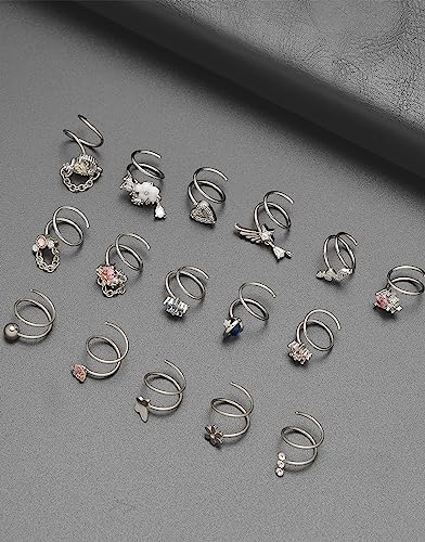 Akeoqi 16PCS Double Nose Ring Hoop For Single Piercing Stainless Steel Dangle Spiral Nose Rings Snake Flower Butterfly Planet Angel Wings Heart Ball Twist Earring Hoops Body Piercing Jewelry For Women - color: A: Silver