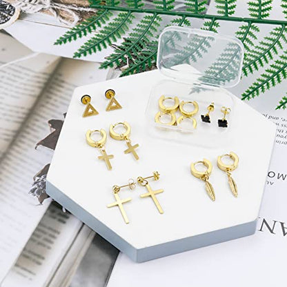 12 Pairs Black Stud Earrings Set for Men and Women - Stainless Steel Cross Jewelry Piercings - color: Gold