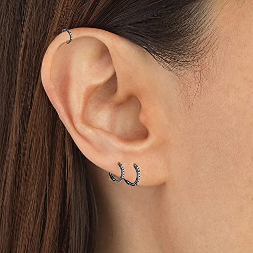 3 Pairs 925 Sterling Silver Small Hoop Earrings for Women Men | Cubic Zirconia, 14K White Gold Plated Huggie Hoop Earrings, Hypoallergenic - style: M-black 8/10/12mm