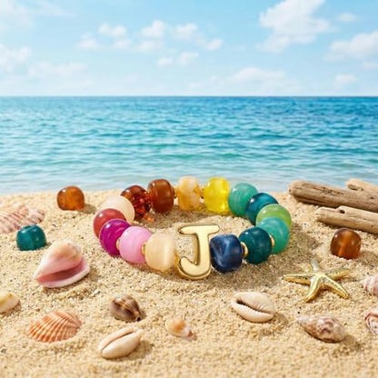 Bubble Initial Chunky Beaded Bracelet for Women Colorful Resin Bead Trendy Statement Big Stretch Bracelets Summer Beach Boho Charm Jewelry Cute Gifts for Women - color: Initial J