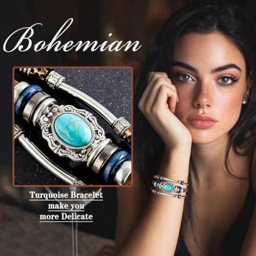 Leather Wrap Bracelets for Women Boho Multi-Layer Turquoise Bracelet Beads Stackable Bangle - color: A-Style