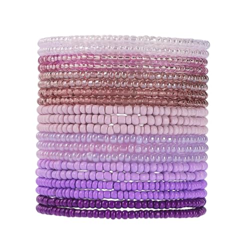 16-30Pcs Handmade Bohemian Colorful Crystal Seed Beads Stackable Adjustable Elastic Stretch Multilayerd Bracelets for Women Summer Vacation Beach Boho Bangle Jewelry - color: purple
