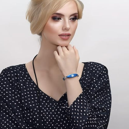 LinnaLove Fashion Shiny medical alert bracelet with Free Engraving Stainless steel Medical id bracelet for Women - color: Blue