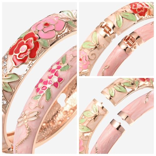 wynameleri Womens Multi-colors Cloisonne Bracelets Flower Enameled Gold Plated Hinged Cuff Bangles Jewelry Gift 3 Packs - color: 3 Pcs Set-Pink