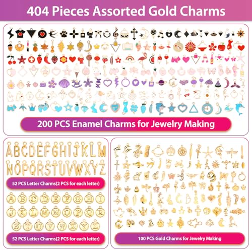 Flasoo 404Pcs Gold Charms for Jewelry Making, Assorted Bracelet Charm Letter Charms for DIY Jewelry Making Necklace Bracelet, Keychains and Crafts