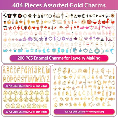 Flasoo 404Pcs Gold Charms for Jewelry Making, Assorted Bracelet Charm Letter Charms for DIY Jewelry Making Necklace Bracelet, Keychains and Crafts