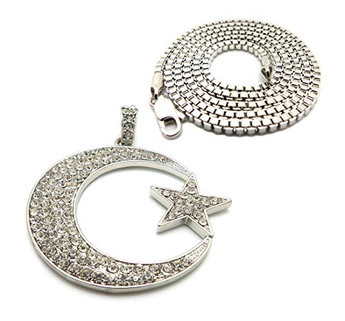 Fashion 21 Unisex Iced Out Crescent Moon & Star Pendant 24" Various Chain Necklace in Gold, Silver Tone - color: Silver / 2mm 24" Box Chain
