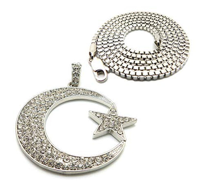 Fashion 21 Unisex Iced Out Crescent Moon & Star Pendant 24" Various Chain Necklace in Gold, Silver Tone - color: Silver / 2mm 24" Box Chain