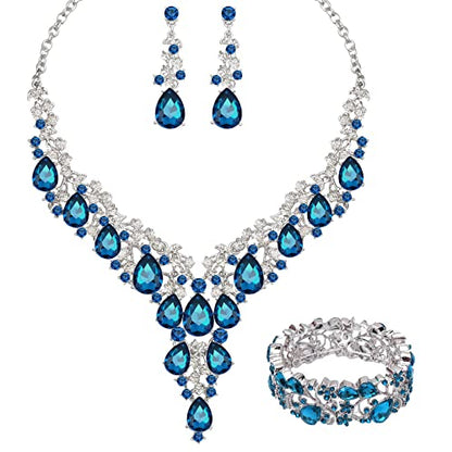 CSY Elegant Crystal Costume Jewelry Sets Flower Bridal Necklace Earrings Stretch Bangle Set for Bride Bridesmaid Wedding Dress Accessories - color: lake blue crystal-platinum tone