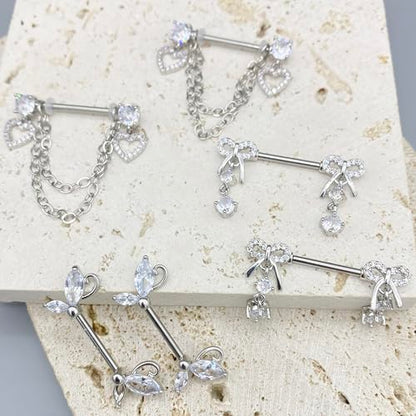 7 Pairs Nipple Rings Stainless Steel 14G Nipple Piercing Jewelry Silver Pink Heart Butterfly Knot CZ Stud Barbell Tongue Rings Internal Threaded Body Piercing Kit - color: A: white