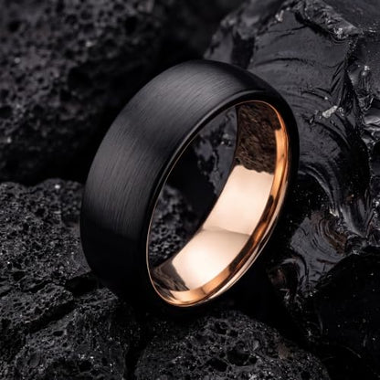 Tungsten Wedding Band Ring 10mm 8mm 6mm 4mm for Men Women 18k Rose Gold Plated Dome Black Grey Brushed Polished - color: 5 Rose Gold Black Tungsten