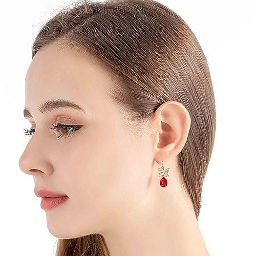 Austrian Crystal Teardrop Butterfly Drop Dangle Earrings for Women 14K Rose Gold Plated Hypoallergenic Jewelry - color: Red