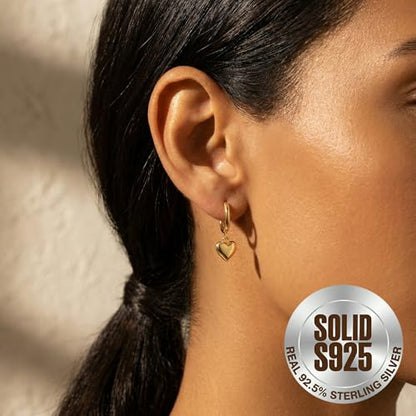 SLUYNZ Solid 925 Sterling Silver 8MM Fat Heart Hoop Earrings for Women Teens Sweet Love Hoop Earrings Huggie - color: B-18K Gold Plated