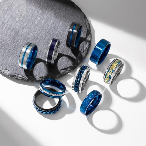 EIELO 9Pcs Stainless Steel Band Rings for Men Women Cool Fidget Spinning Chain Ring Anxiety Relief Fashion Simple Wedding Engagement Black Ring Set - color: Blue