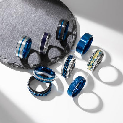 EIELO 9Pcs Stainless Steel Band Rings for Men Women Cool Fidget Spinning Chain Ring Anxiety Relief Fashion Simple Wedding Engagement Black Ring Set - color: Blue