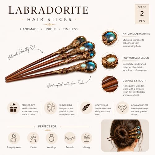 1 Pcs Crystal Point Hair Stick Set, Natural Labradorite Gemstone Hair Pins, Handmade Wooden Hair Forks, Boho Hair Accessories for Women, Decorative Bun Holder, Gift for Her