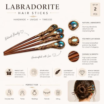 1 Pcs Crystal Point Hair Stick Set, Natural Labradorite Gemstone Hair Pins, Handmade Wooden Hair Forks, Boho Hair Accessories for Women, Decorative Bun Holder, Gift for Her