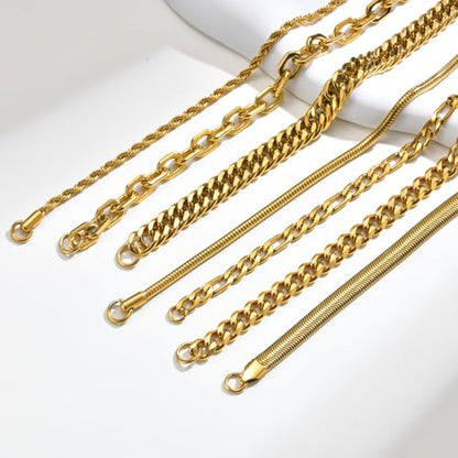 VNOX 5/7 Pcs Chain Bracelet for Men Women - Sturdy Stainless Steel Curb Width Cuban Link Chain Bracelet Set for Men Women,6.5/7/7.4/8.2/9 Inches - style: Gold Plated Link 2