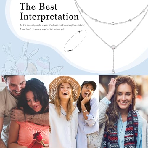 FLYOW Layered Necklace S925 Sterling Silver Y Shaped Jewelry - style: Round White Opal Layered Necklace