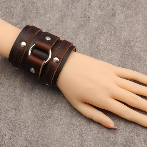 GelConnie Leather Cuff Bracelet for Men Women Wide Leather Wristband Thick Viking Mens Leather Bracelets Gothic Wrist Band Vintage Rock Wristband - style: Brown Leather Wrist