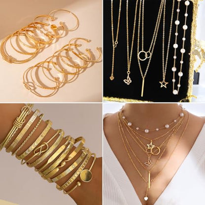 46Pcs Gold Jewelry Set for Women with 5 Necklace, 12 Bracelet, 5 Hoop Earrings, 15 Stud Earrings and 9 Rings Jewelry Set For Gifts for Women. - style: Gold Jewelry Set -K