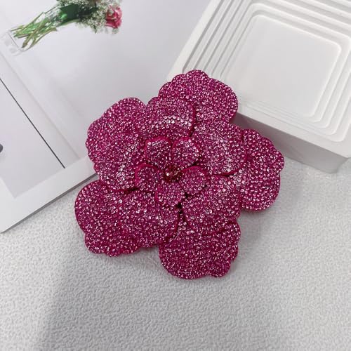 Rhinestone Flower Brooch Pin for Women Men Elegant Sparkly Crystal Camellia Floral Lapel Pins Shawl Dress Suit Clothes Accessories Wedding Party Fashion Jewelry 105mm - color: Hot Pink