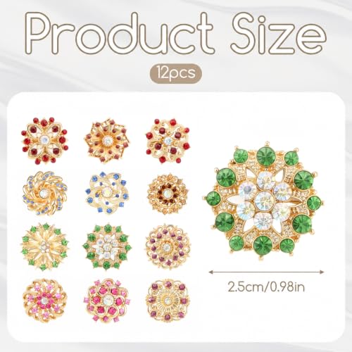 12Pcs Crystal Rhinestone Flower Brooch Pins Set, Wedding Brooches For Women - color: Multicolor