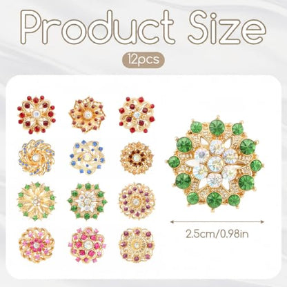 12Pcs Crystal Rhinestone Flower Brooch Pins Set, Wedding Brooches For Women - color: Multicolor