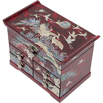February Mountain Mother of Pearl Wooden Jewelry Organizer Box – Jewelry Storage Box for Women, Features Spacious Drawers, Ideal for Rings, Bracelets, Watches, Chains, Accessories (Crane_Red) - style: Crane_Red