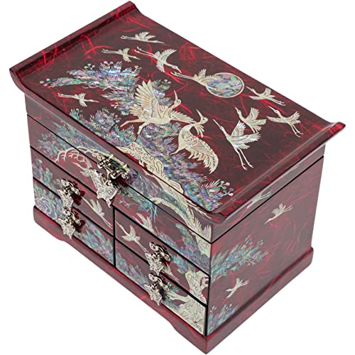 February Mountain Mother of Pearl Wooden Jewelry Organizer Box – Jewelry Storage Box for Women, Features Spacious Drawers, Ideal for Rings, Bracelets, Watches, Chains, Accessories (Crane_Red) - style: Crane_Red