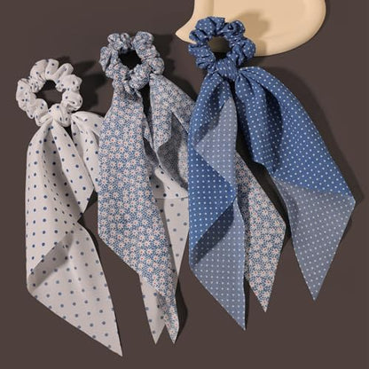 LFOUVRE Elastic Hair Scrunchies and Ribbons - Knotted Bow Hair Ties, Scarf Scrunchies Ponytail Holders for Women and Girls 3pcs - color: White Light Blue Royal Blue