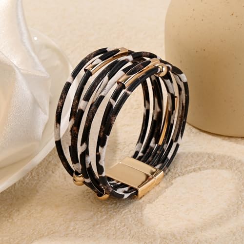 Wrapped Bracelets for Women,Leather Boho Bracelets for Women - color: Leopardprint-White