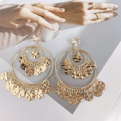 Clip On Boho Disc Tassel Long Dangle Drop Earrings for Women Non Pierced Ear Fake Stud Fashion Round Coin Hollow Circle Moon Shaped Big Dangling Hypoallergenic Jewelry Christmas Gift - color: Gold