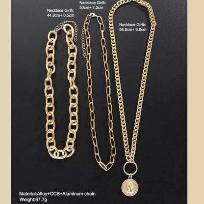 Layered Necklace Set Women - Cuban Paperclip Coin Pendant Silver | 3 pcs chunky stackable set, Trendy toggle clasp, Mixed link texture, Coin charm detail, Perfect layered jewelry gift - color: Gold