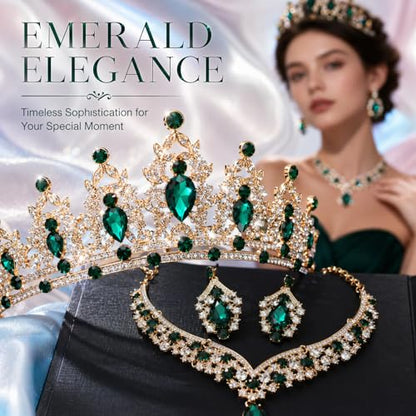Tiaras and Crowns for Women,Tiaras Earrings Necklace, Crystal Bridal Jewelry Set - color: Green