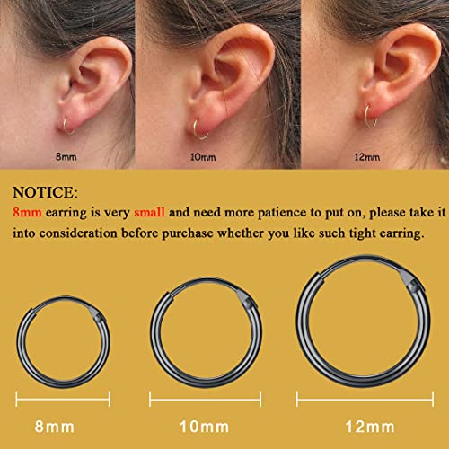 EPIRORA Sterling Silver Hoop Earrings for Women Men, Hypoallergenic Cartilage Earring Endless Small Hoop Earrings Set, 3 Pairs Tragus Earrings (8mm/10mm/12mm) - style: 4# 3 Pairs(8/10/12mm)-Black
