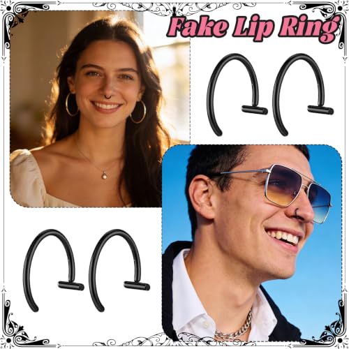 6Pcs Fake Lip Piercing Fake Lip Ring Cuff Stainless Steel Fake Snake Bites Clip on Ear Cuff Cartilage Earring Non Piercing Body Jewelry for Women Men - color: Black