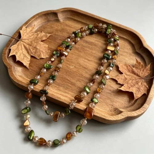 Olive/Brown Shell Nugget and Glass Crystal Bead Necklace