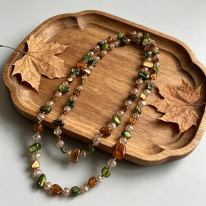 Olive/Brown Shell Nugget and Glass Crystal Bead Necklace