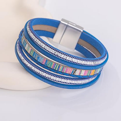 Boho Layered Leather Wrap Bracelets Chunky Western Country Hippie Jewelry | Stackable Bohemian Cowgirl Magnetic Clasp Cuff Bangle Set Fashion Stack Statement Festival Trendy Jewelry Gifts for Women - color: Royal Blue