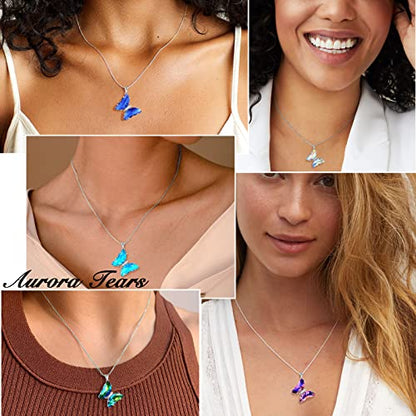 Aurora Tears Butterfly Necklace Earrings Ring Bracelet - Women 925 Sterling Silver Animal Butterflies Birthstone Pendant Crystal Wedding Birthday Jewelry - color: pendant-B.February