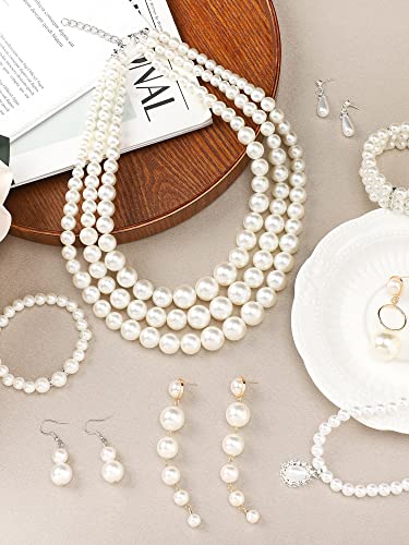 BBTO 8 Pcs Pearl Necklace and Earrings Set for Women Pearl Jewelry Set Faux Necklace Earrings Simulated Bracelets - style: Bright Style