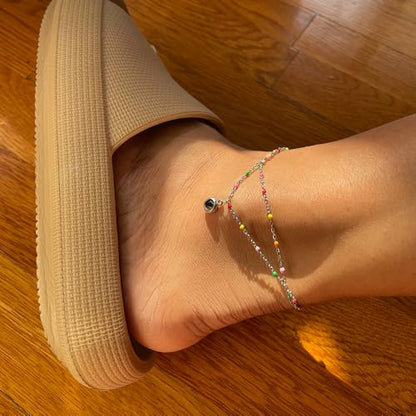 Colorful Beaded Anklet for Wome Beads Ankle Jewelry Waterproof Adjustable - color: Silver