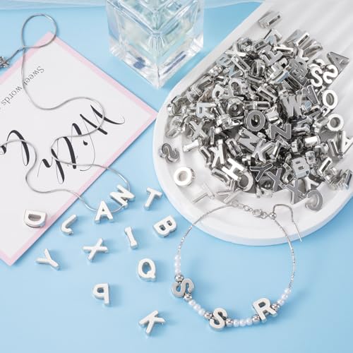 100 Pcs Silver Alphabet Letter Beads, Bulk Resin Pendants | 3D Loose Letter Beads, Plastic Initial Charms for Jewelry Making, Key Chains, Crafts - color: Silver